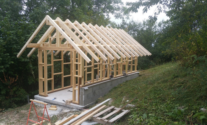  2016 Septembre - Réalisation d’un abri de jardin de 12m² en ossature bois et Bardage Mélèze des Hautes Alpes à St Bernard du Touvet (Isère - 38), Chambéry, STRUCTURES BOIS & Compagnie