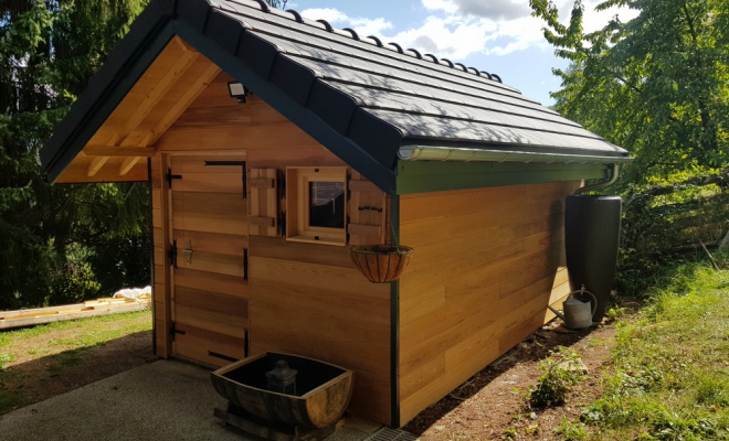  2019 Juin - Chalet de jardin bois haut de gamme à Vimines (Savoie – 73), Chambéry, STRUCTURES BOIS & Compagnie