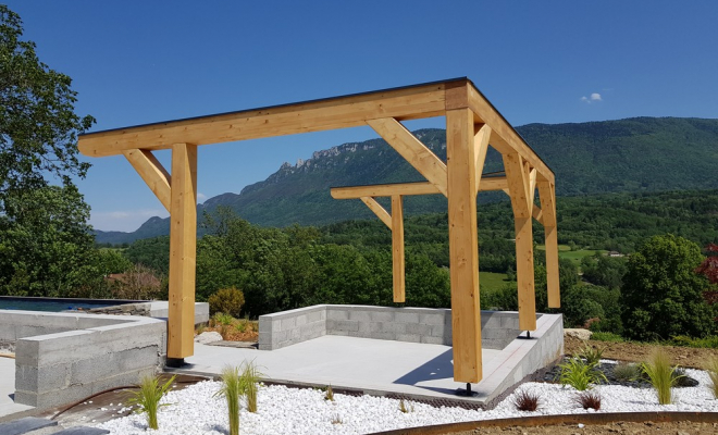  2019 Mai - Pergola en bois pour aménagement d'un coin cosi / espace détente à Traize (Savoie - 73), Chambéry, STRUCTURES BOIS & Compagnie