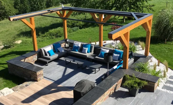  2019 Mai - Pergola en bois pour aménagement d'un coin cosi / espace détente à Traize (Savoie - 73), Chambéry, STRUCTURES BOIS & Compagnie