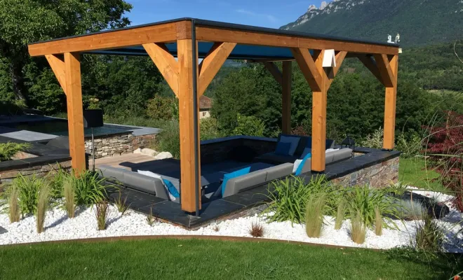  2019 Mai - Pergola en bois pour aménagement d'un coin cosi / espace détente à Traize (Savoie - 73), Chambéry, STRUCTURES BOIS & Compagnie