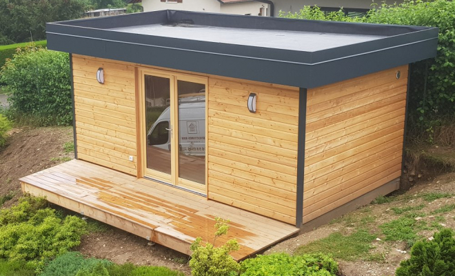  Conception et fabrication d'un studio de jardin / atelier de peinture de 20m² habillé de mélèze et zinguerie sur mesure gris anthracite en Haute Savoie à Cusy, Chambéry, STRUCTURES BOIS & Compagnie